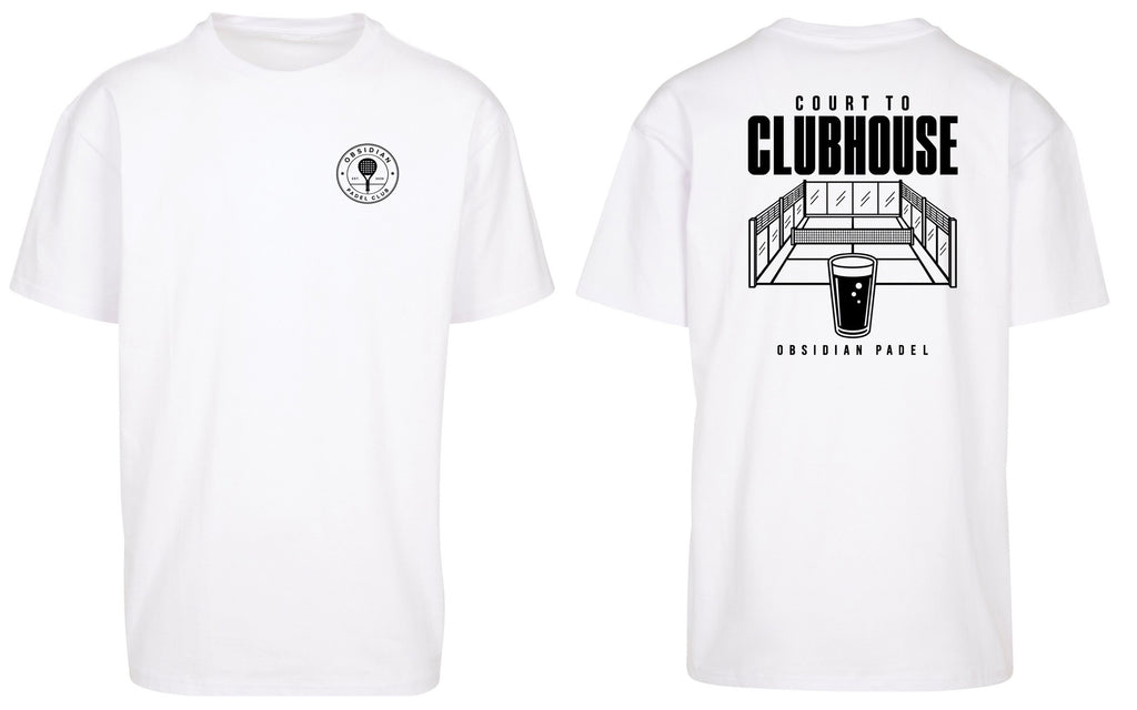 Court to Clubhouse Oversized Tee in White with black print, front and back