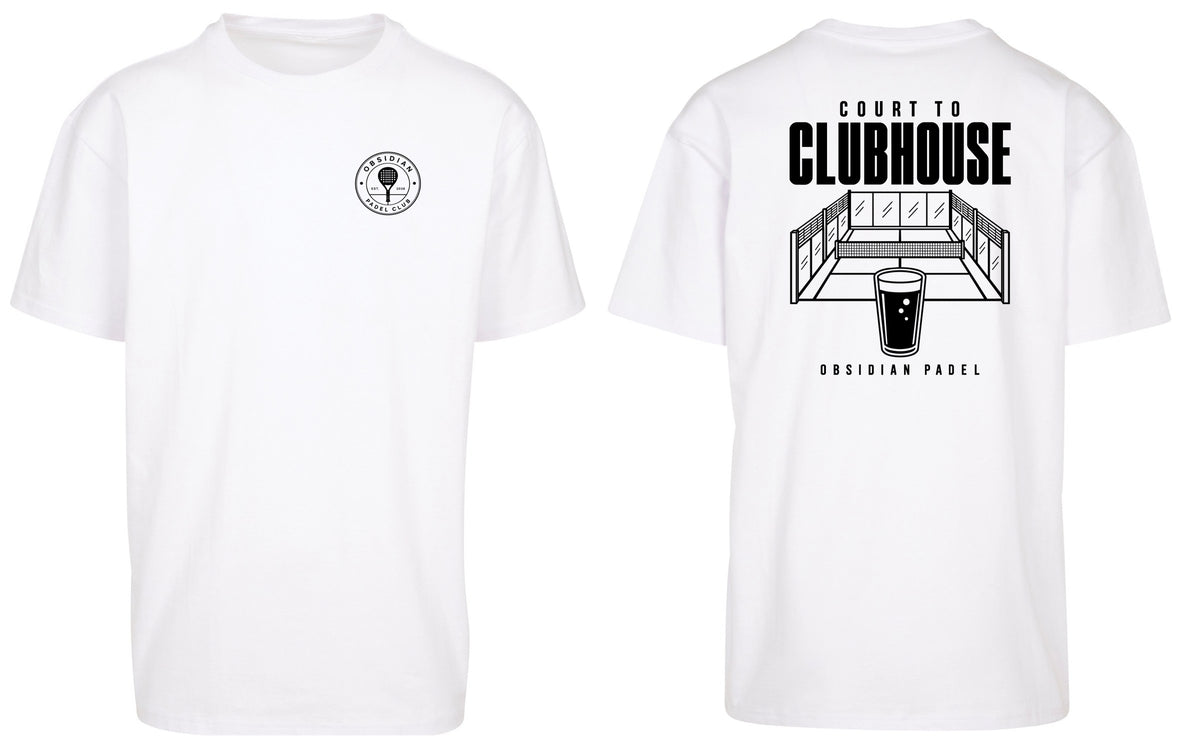 Court to Clubhouse Oversized Tee in White with black print, front and back