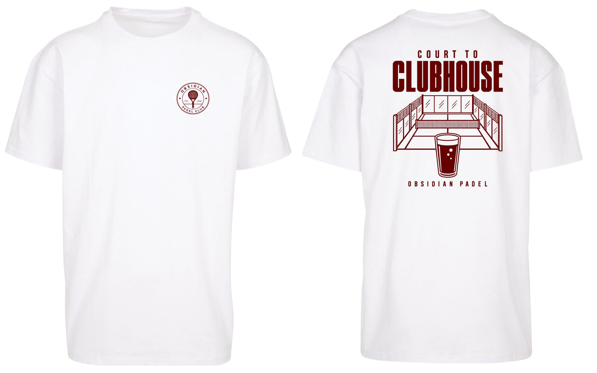 Court to Clubhouse Oversized Tee in White with cherry print, front and back