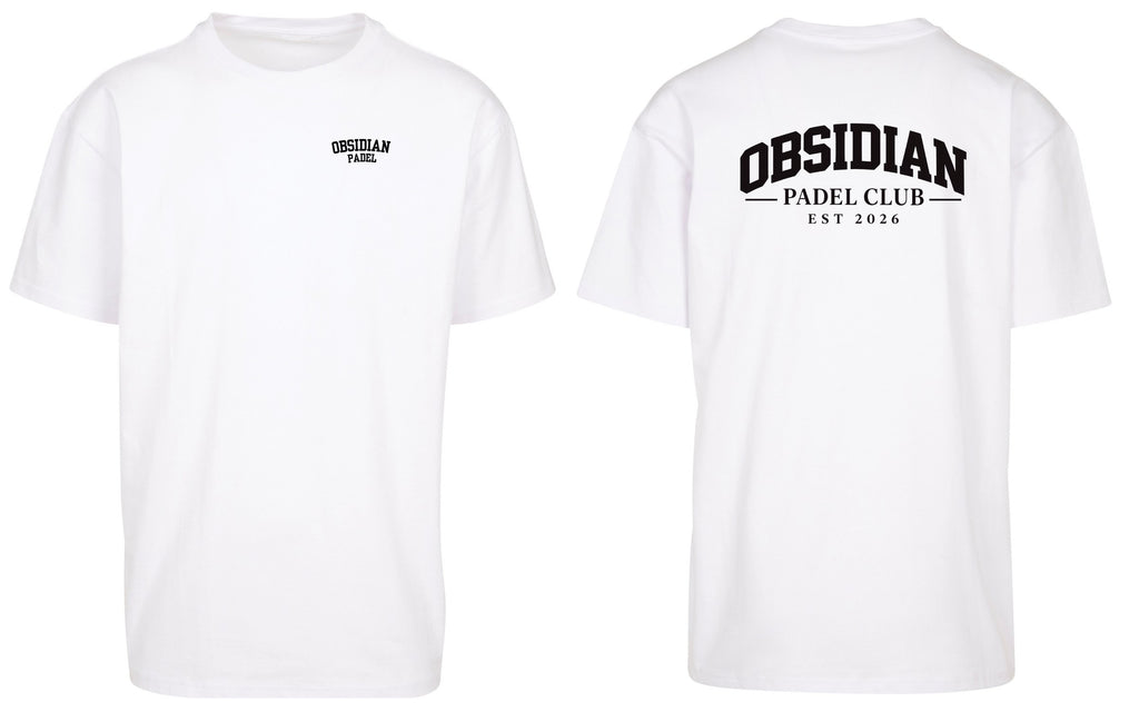 Varsity Oversized Tee in White with black print, front and back