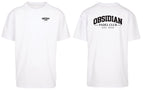 Varsity Oversized Tee in White with black print, front and back