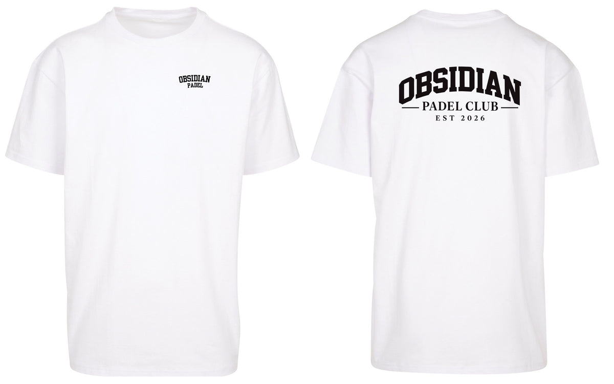 Varsity Oversized Tee in White with black print, front and back