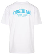 Varsity Oversized Tee in White with light blue print, back