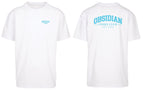 Varsity Oversized Tee in White with light blue print, front and back
