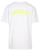 Varsity Oversized Tee in White with light yellow print, back