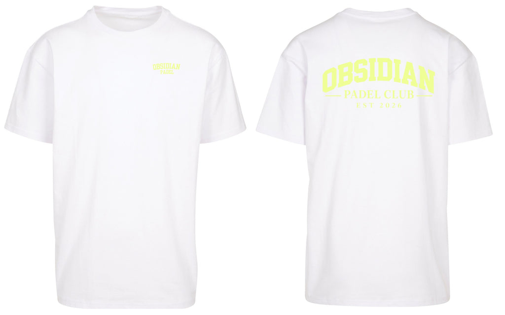 Varsity Oversized Tee in White with light yellow print, front and back