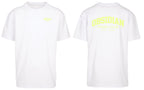 Varsity Oversized Tee in White with light yellow print, front and back