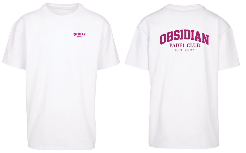 Varsity Oversized Tee in White with pink print, front and back