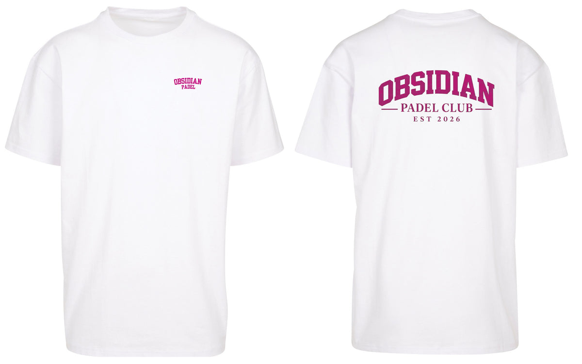 Varsity Oversized Tee in White with pink print, front and back