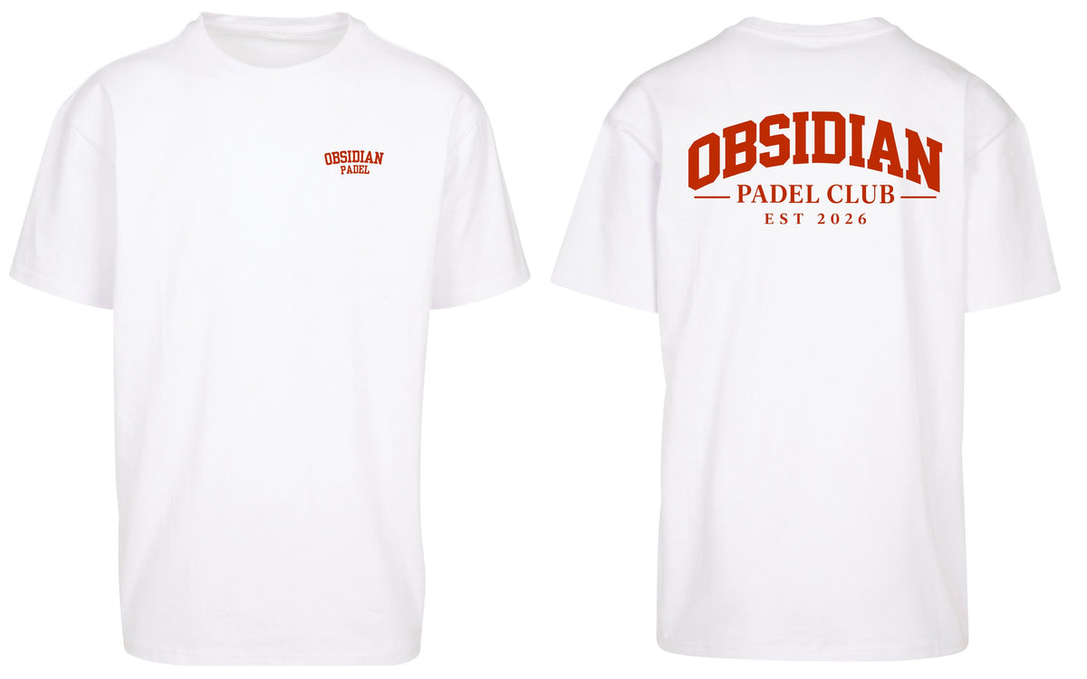 Varsity Oversized Tee in White with red print, front and back
