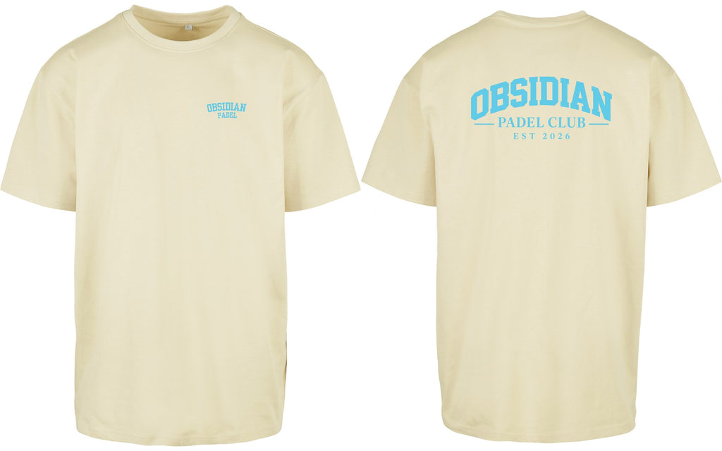Varsity Oversized Tee in Yellow with light blue print, front and back