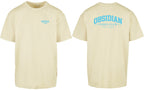 Varsity Oversized Tee in Yellow with light blue print, front and back