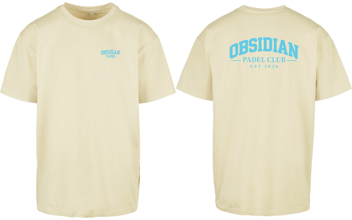 Varsity Oversized Tee in Yellow with light blue print, front and back