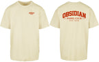 Varsity Oversized Tee in Yellow with red print, front and back