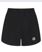 Black athletic shorts with an elastic waistband and a small white obsidian logo on the lower left leg, shown against a plain white background.
