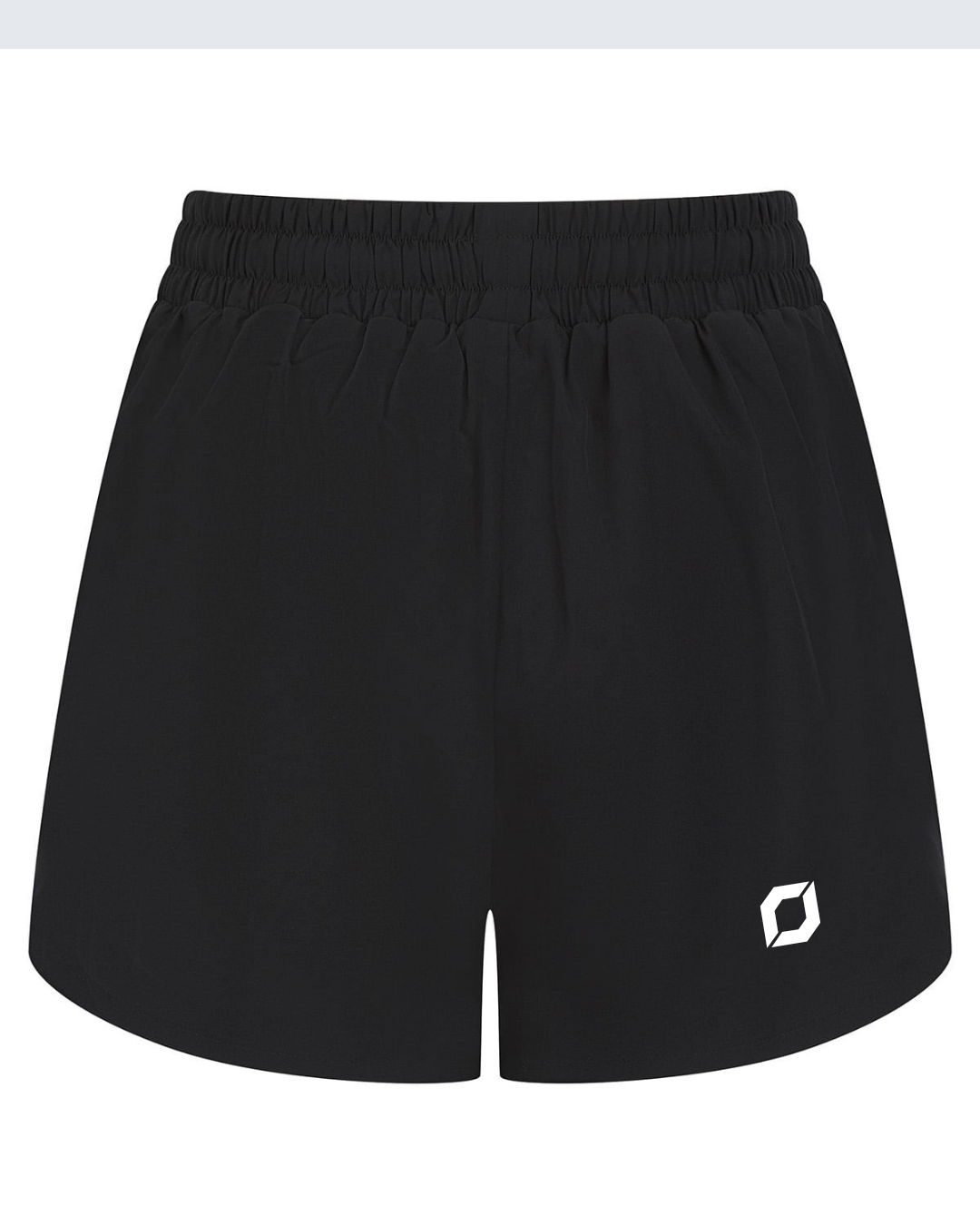 Black athletic shorts with an elastic waistband and a small white obsidian logo on the lower left leg, shown against a plain white background.