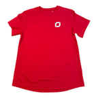 Red t-shirt with a white iconic obsidian "O" logo on a white background