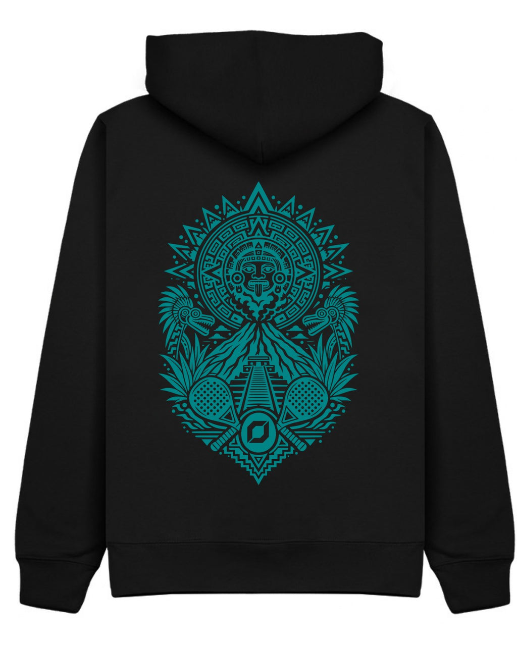 Aztec Hoodie in Black with teal print, back