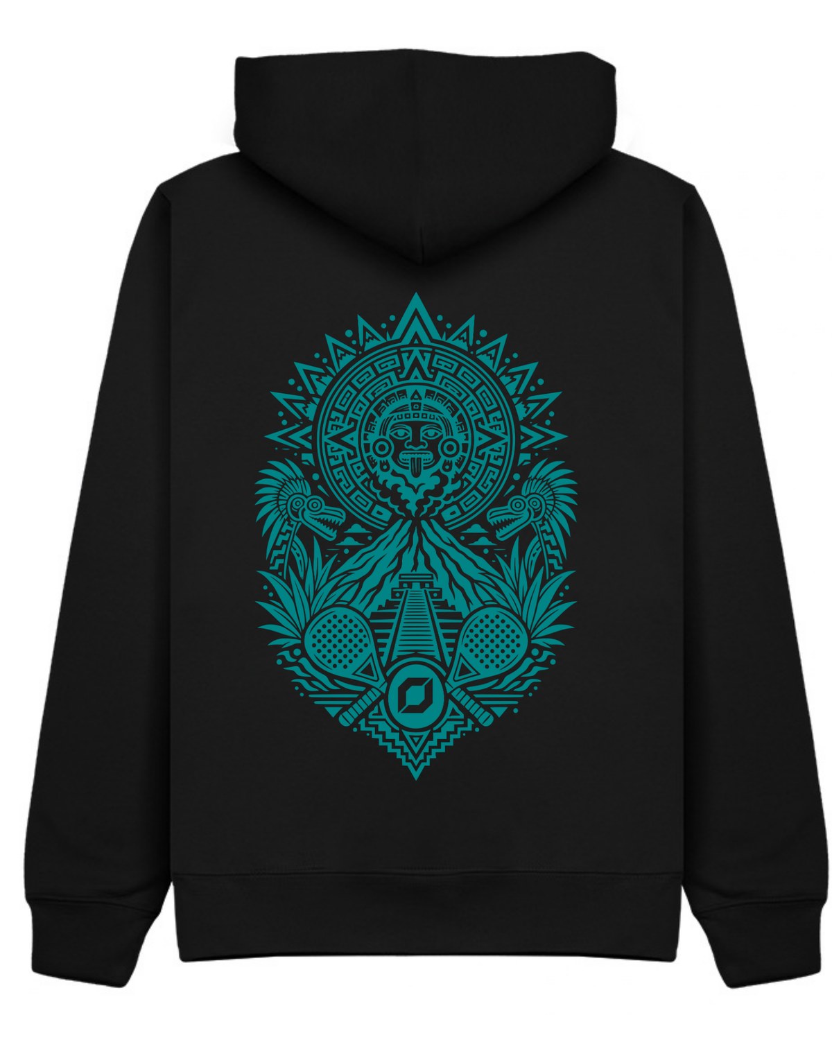 Aztec Hoodie in Black with teal print, back