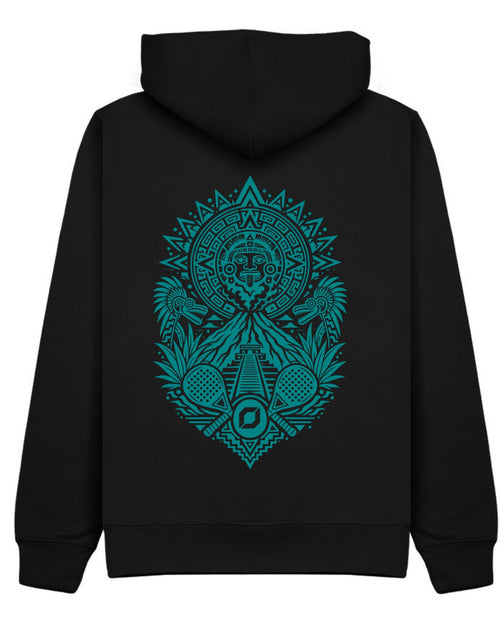 Aztec Hoodie in Black with teal print, back