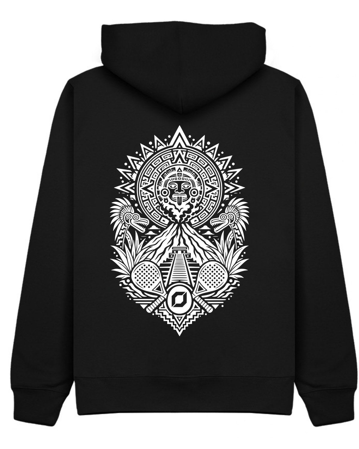 Aztec Hoodie in Black with white print, back