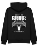 Court to Clubhouse Hoodie in Black with white print, back