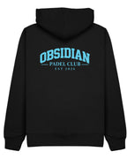 Varsity Hoodie in Black with light blue print, back