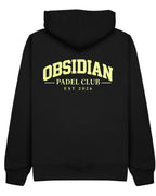 Varsity Hoodie in Black with light yellow print, back
