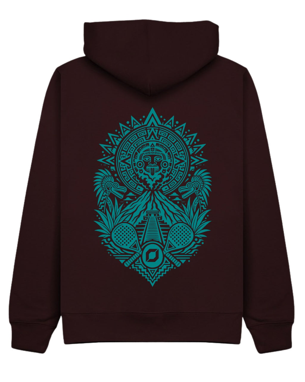 Aztec Hoodie in Cherry with teal print, back