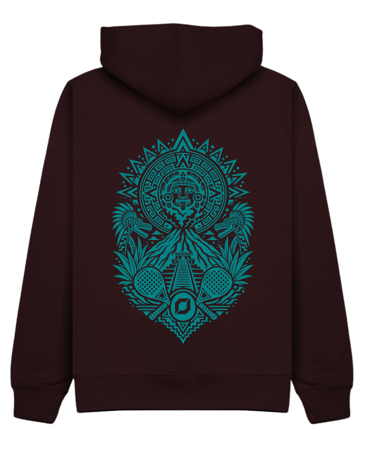 Aztec Hoodie in Cherry with teal print, back