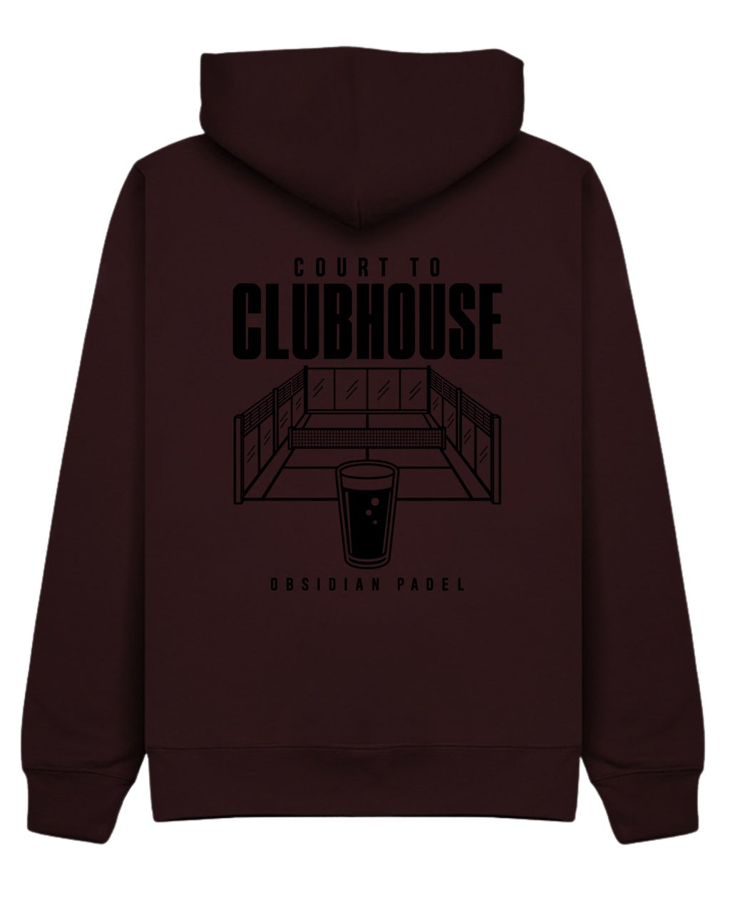 Court to Clubhouse Hoodie in Cherry with black print, back