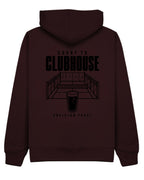 Court to Clubhouse Hoodie in Cherry with black print, back