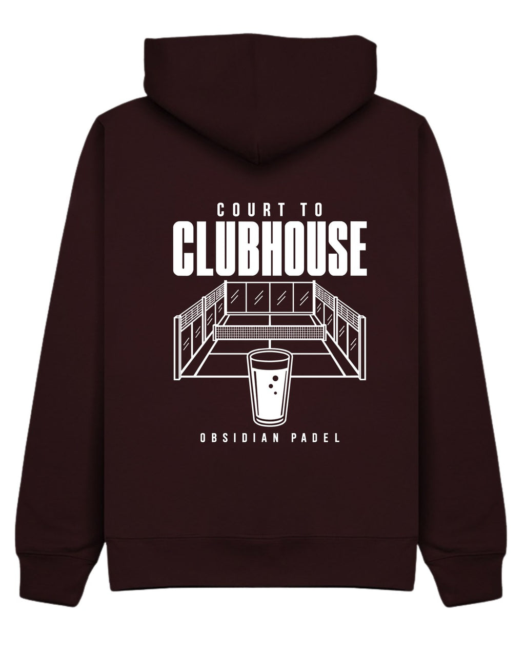 Court to Clubhouse Hoodie in Cherry with white print, back