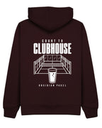 Court to Clubhouse Hoodie in Cherry with white print, back