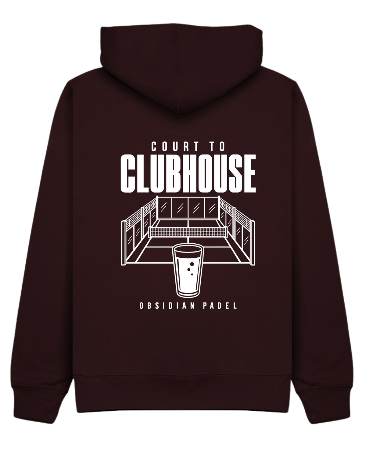Court to Clubhouse Hoodie in Cherry with white print, back
