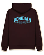 Varsity Hoodie in Cherry with light blue print, back