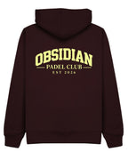 Varsity Hoodie in Cherry with light yellow print, back