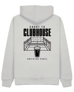 Court to Clubhouse Hoodie in Grey with black print, back