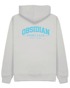 Varsity Hoodie in Grey with light blue print, back