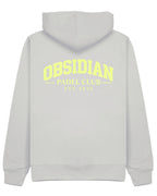 Varsity Hoodie in Grey with light yellow print, back