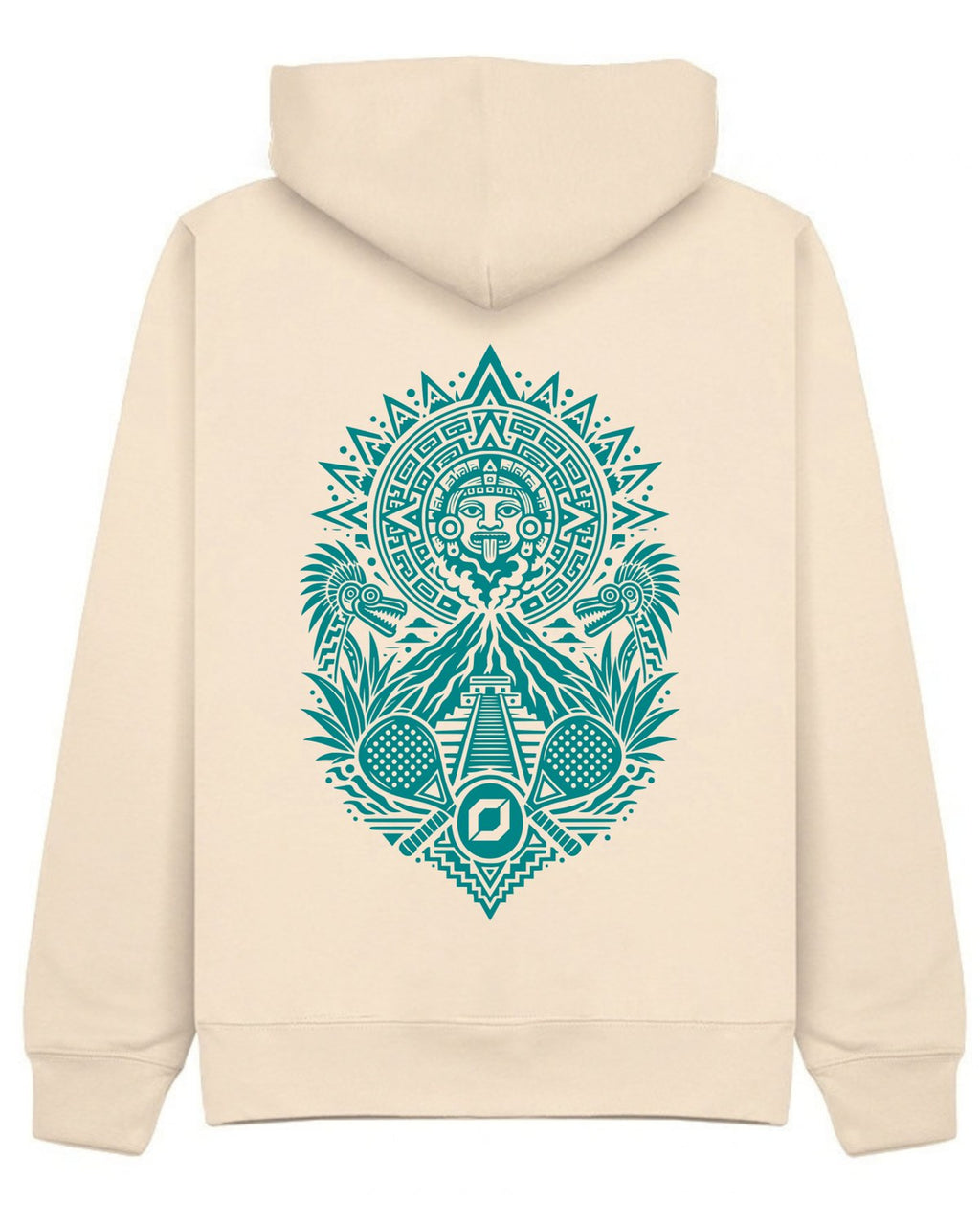 Aztec Hoodie in Ivory with teal print, back