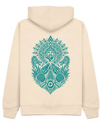 Aztec Hoodie in Ivory with teal print, back