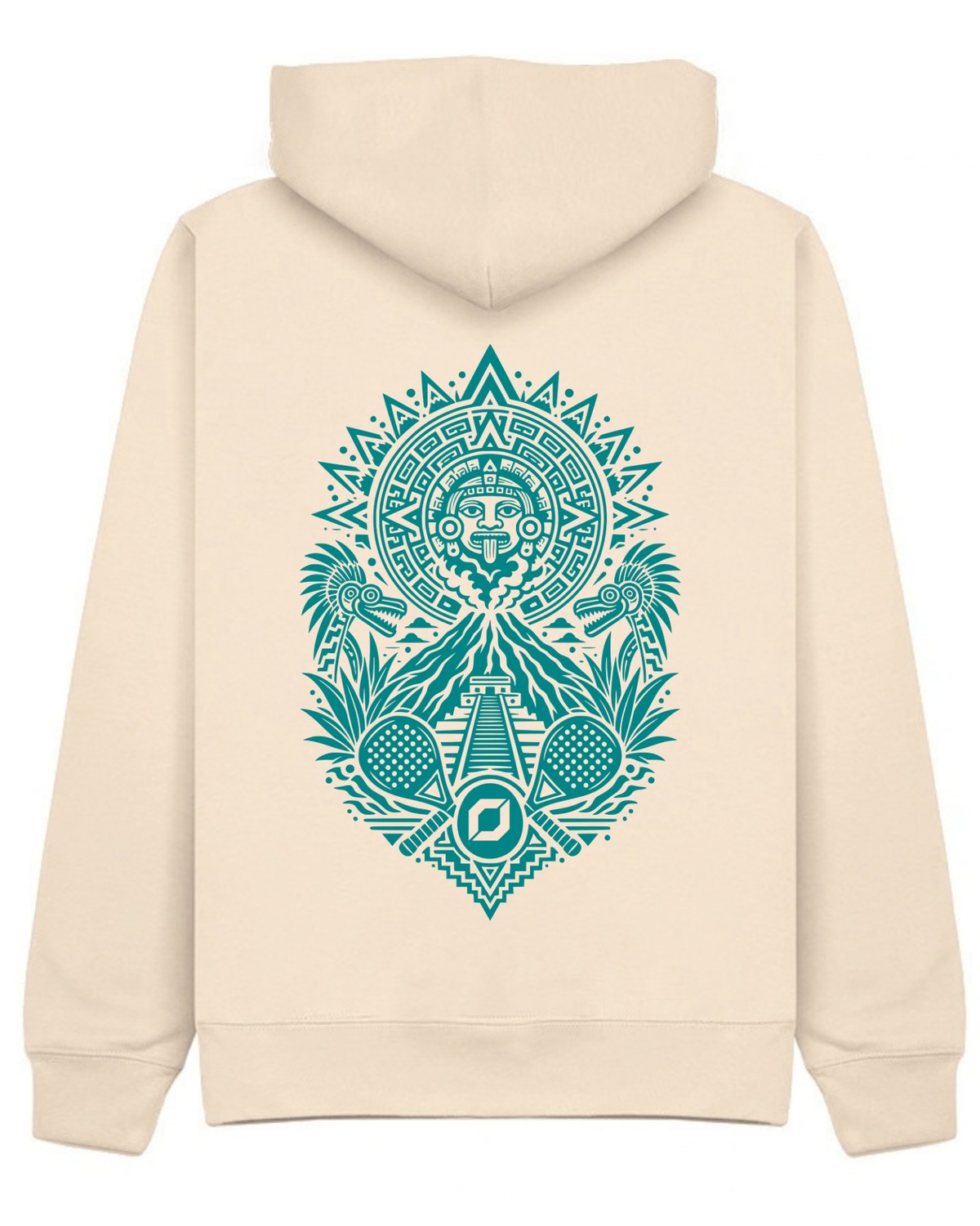 Aztec Hoodie in Ivory with teal print, back