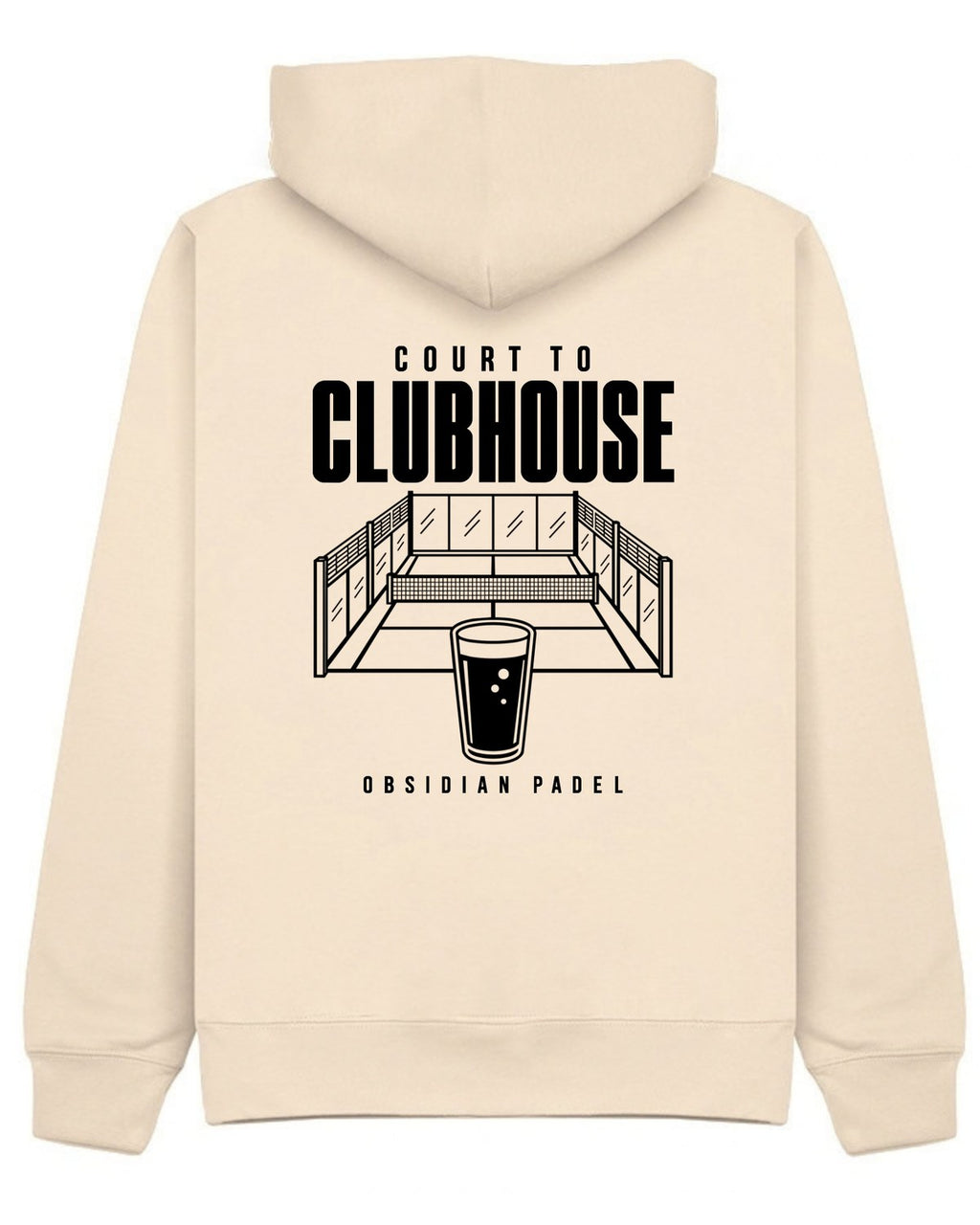 Court to Clubhouse Hoodie in Ivory with black print, back