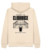 Court to Clubhouse Hoodie in Ivory with black print, back