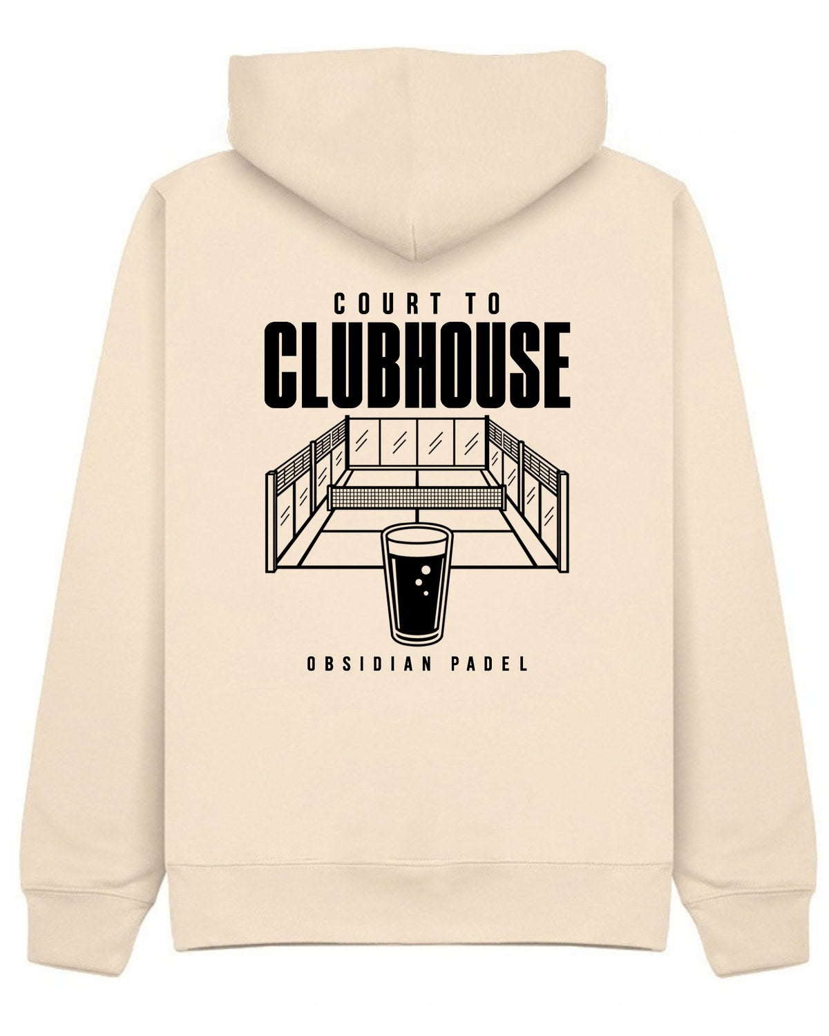 Court to Clubhouse Hoodie in Ivory with black print, back