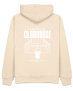 Court to Clubhouse Hoodie in Ivory with white print, back