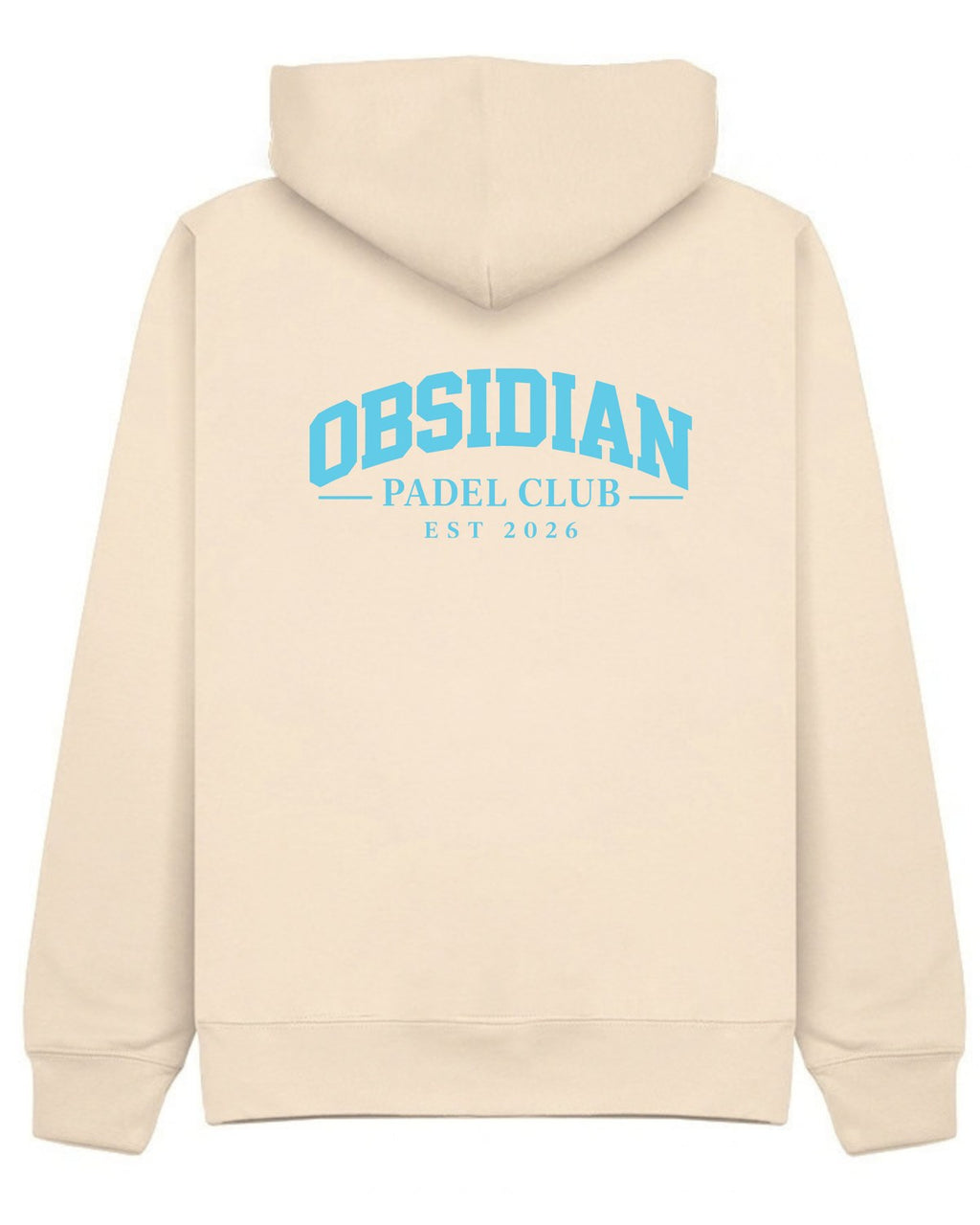 Varsity Hoodie in Ivory with light blue print, back