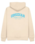 Varsity Hoodie in Ivory with light blue print, back