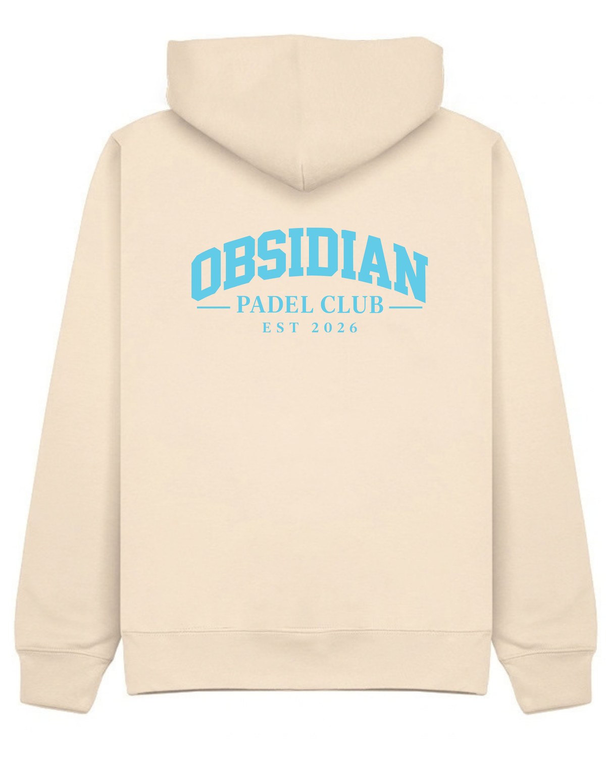 Varsity Hoodie in Ivory with light blue print, back
